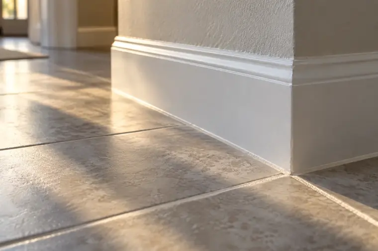 Close-up of a spotless white baseboard meeting a tile floor