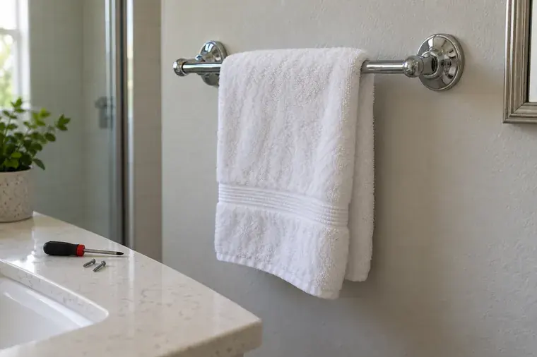 Towel bar remounted on a bathroom wall with a screwdriver on the counter