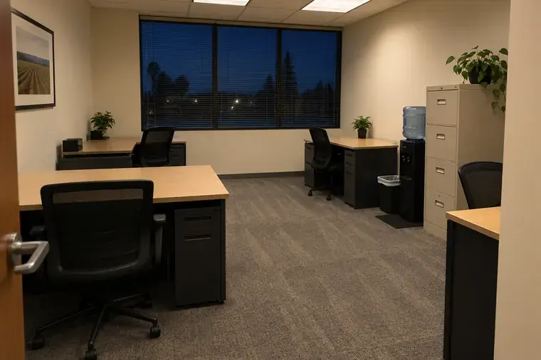 Tidy small office with desks, file cabinets and freshly vacuumed carpet
