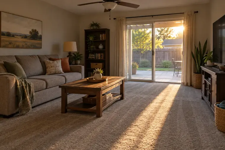 Living room with a sofa and sliding door, reset and ready for the next guests